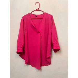 Shein Curve 0XL Blouse Top Hot Pink 3/4‎ Sleeve Elegant Drape Asymmetrical Hem